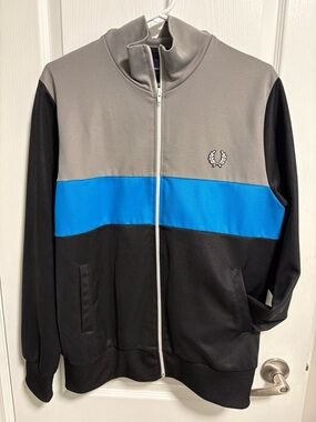 Vintage Fred Perry Men’s Gray, Black & Blue Zip-Up Track Jacket